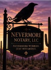 A black bird perched on a sign for Nevermore Notary, LLC, with a sunset sky and mountains in the background.