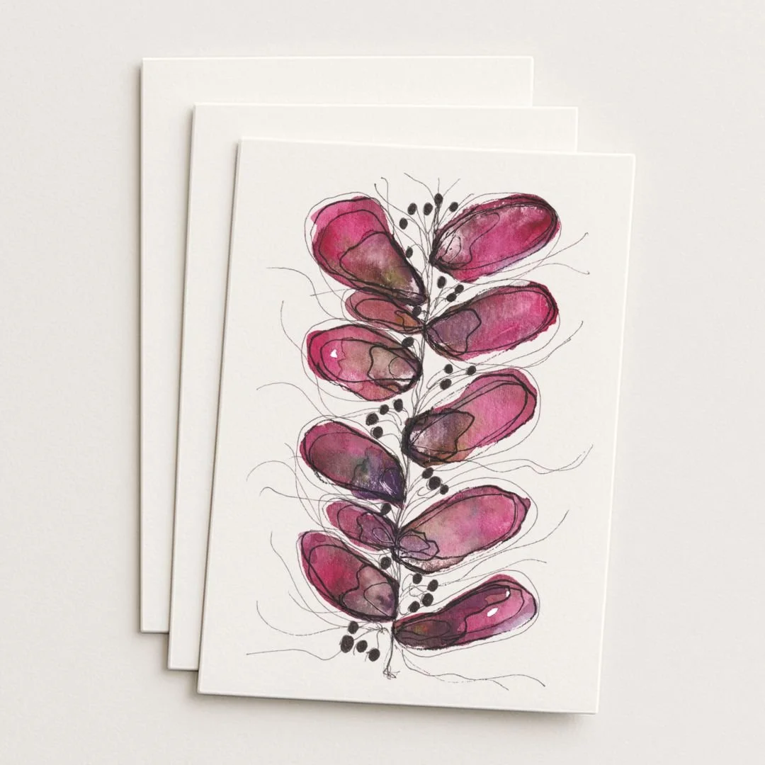 Red Mussels on a Line Where to Buy Minimalist Impressionist Watercolour Watercolor Art Painting Online Birthday Greeting Card Cards Sara Meade Design NZ Artist Small Business Kiwi New Zealand