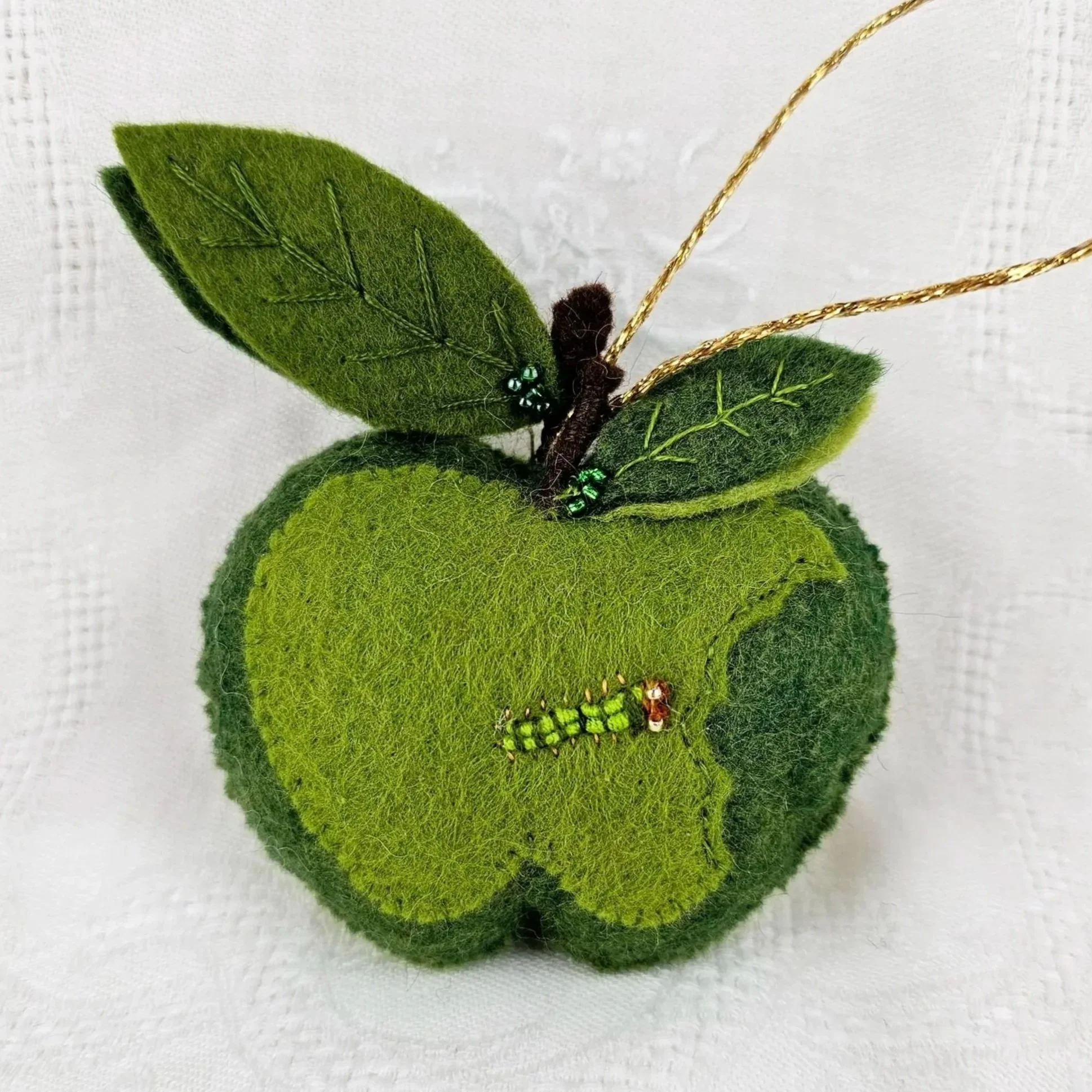 beaded apple fruit flower caterpillar decoration decorations where to buy commission felt work Sara Meade Design Sarah NZ Artist Small Business Kiwi Aotearoa New Zealand