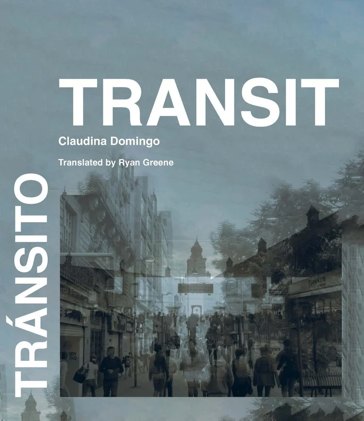 Book cover for 'Transit' by Claudina Domingo, translated by Ryan Greene, featuring a foggy city street with pedestrians, buildings, and trees.