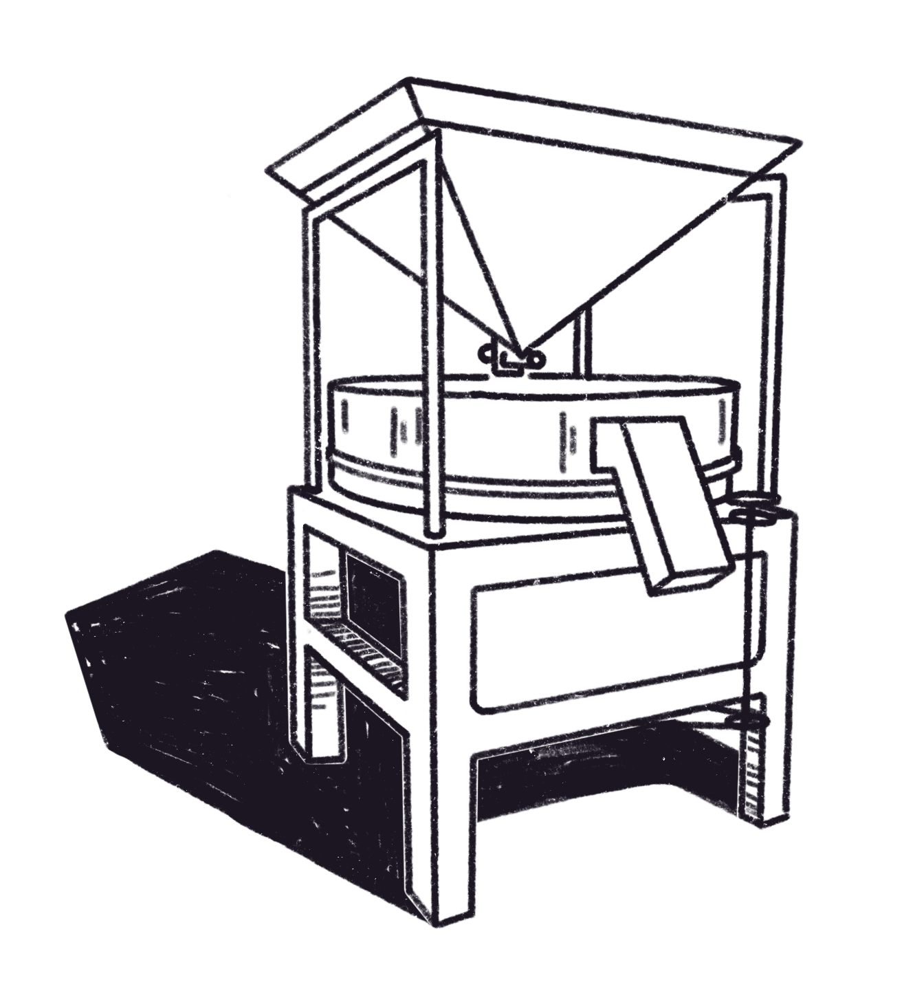 Line drawing of a moon rover with a tall, rectangular body, an enclosed cockpit with curved windows, and a flat, angular panel extending from the front, mounted on a simple stand over a shadowed surface.