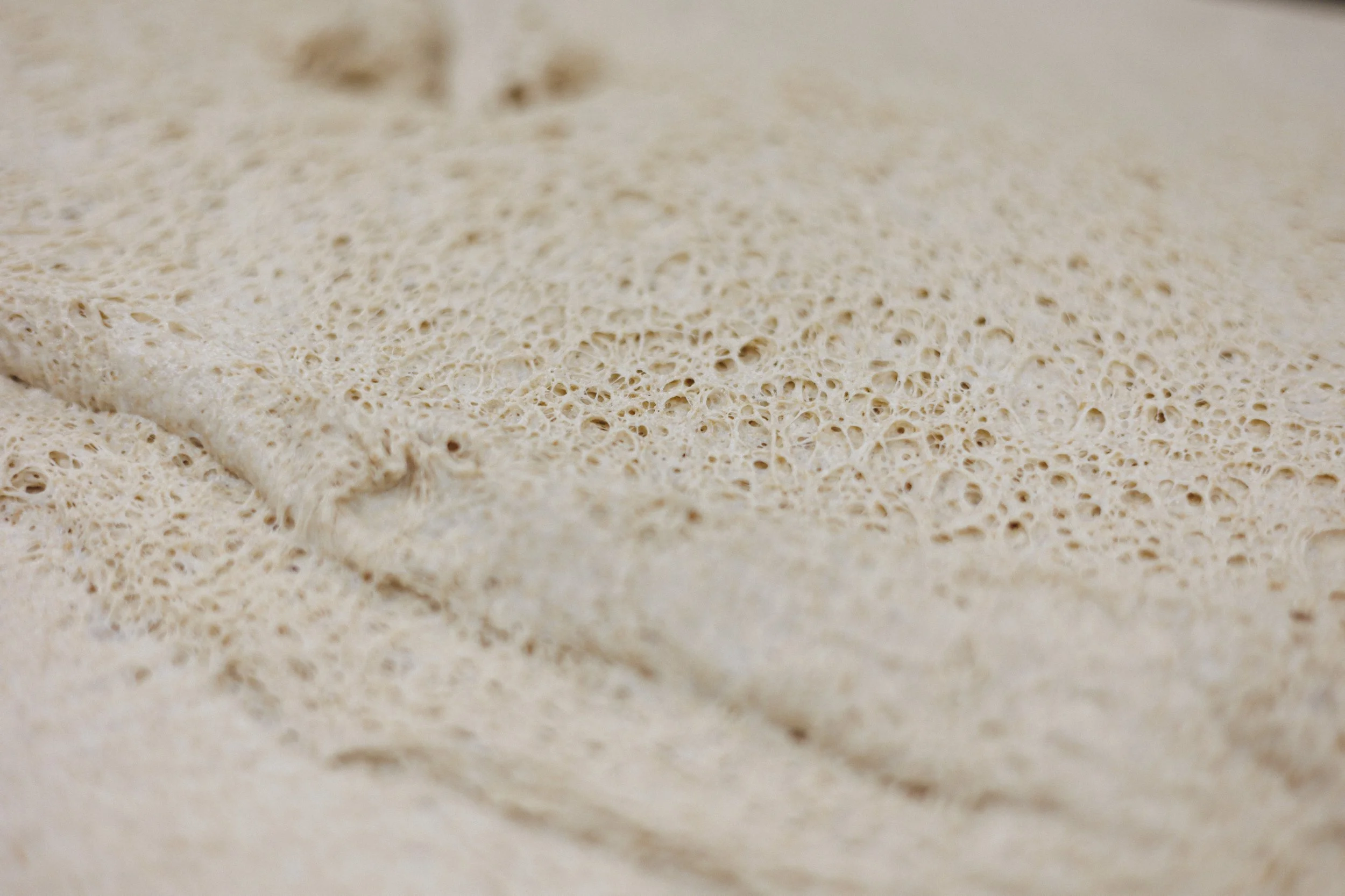 Close-up of foamed cream or batter with small bubbles and light texture.