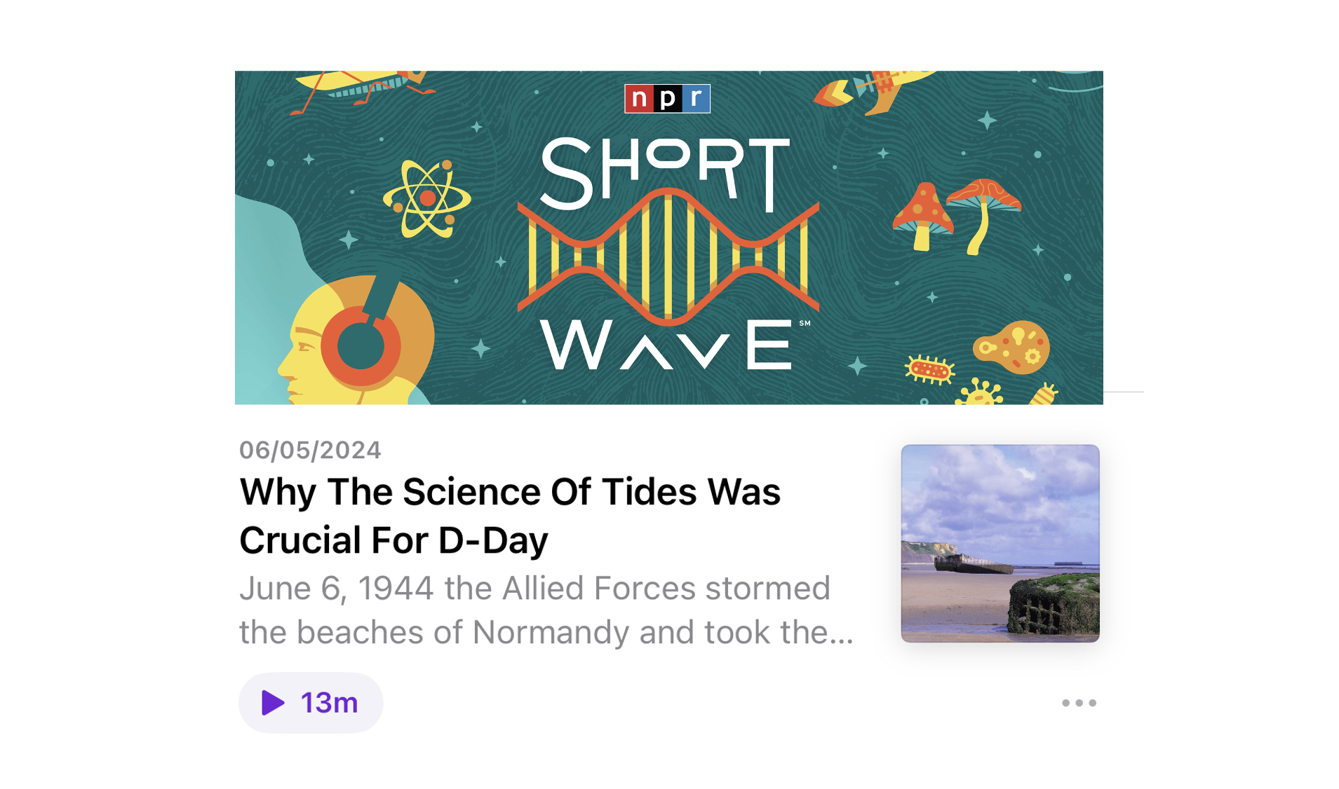 NPR Short Wave podcast banner with a DNA strand, space-themed illustrations, a person's profile with headphones, and various scientific icons.