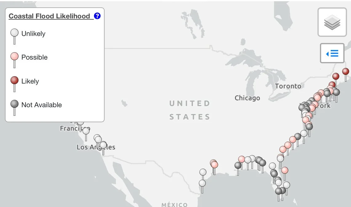 Map of the United States showing coastal flood likelihood with colored markers indicating unlikely, possible, likely, and not available areas along the east coast, Gulf Coast, and parts of Southern California.