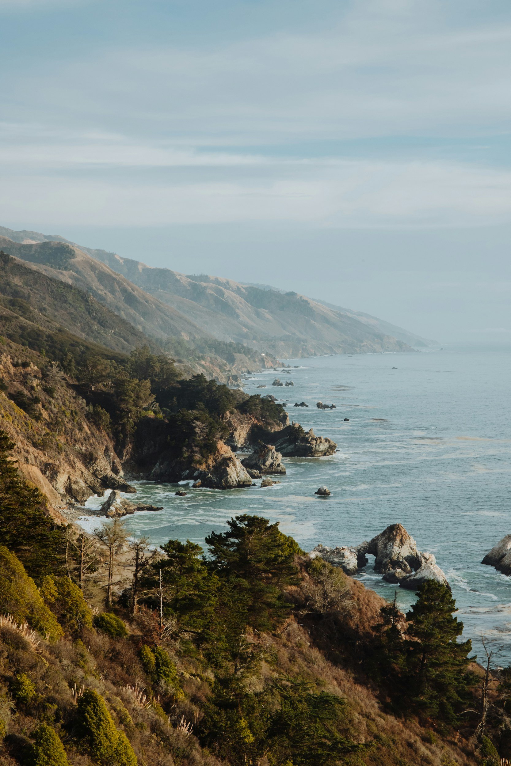 Scenic view of rocky cliffs and ocean waves along the California coastline.