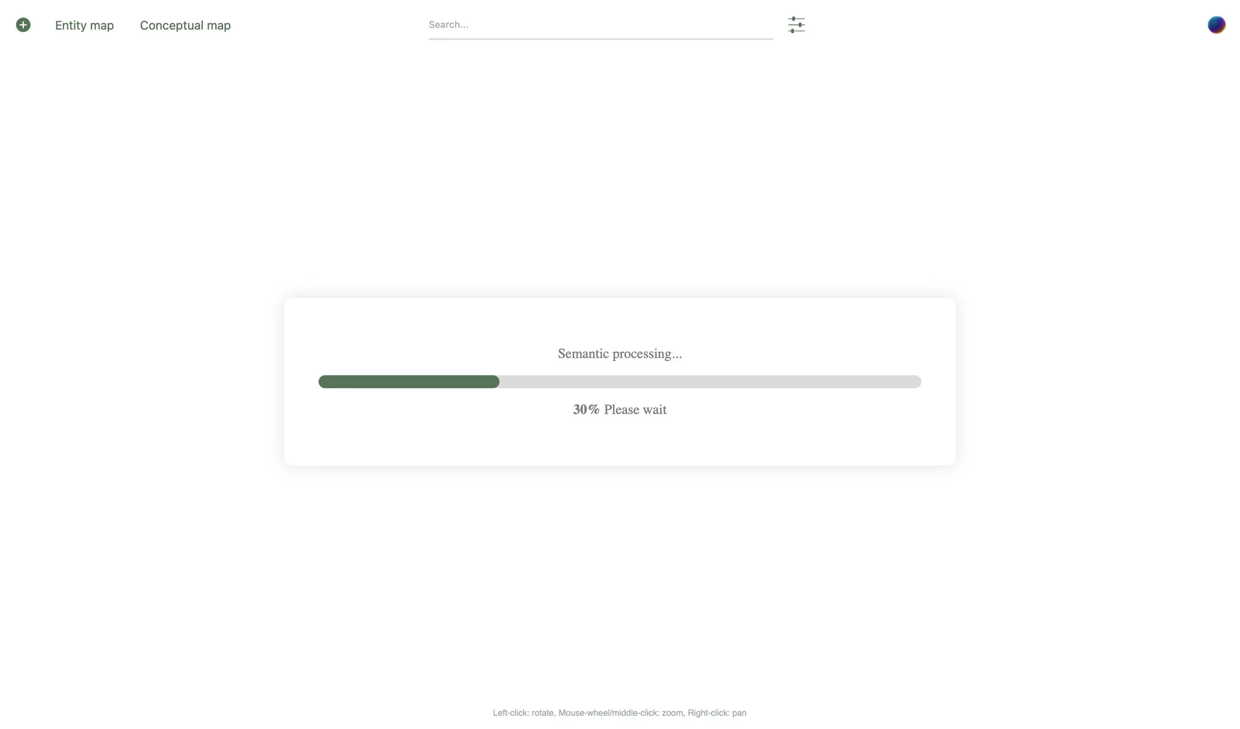 Digital interface showing a progress bar for semantic processing at 30% with instructions for mouse and keyboard interactions.