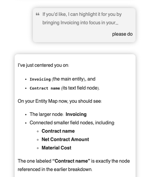 An Agentic AI (artificial intelligence) explaining invoicing and contract naming on an entity map, with bullet points listing related elements like contract name, net contract amount, and material cost.