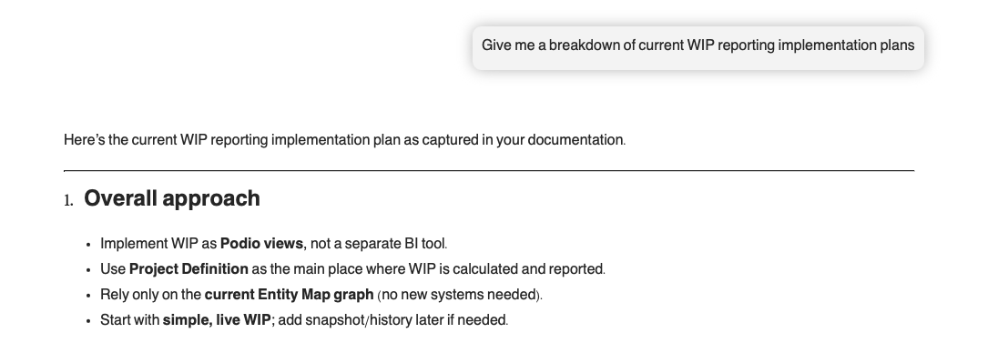 Agentic AI (artificial intelligence) performing the task of searching for relevant WIP (work in progress) documentation and giving the user a breakdown of the WIP plans and strategy