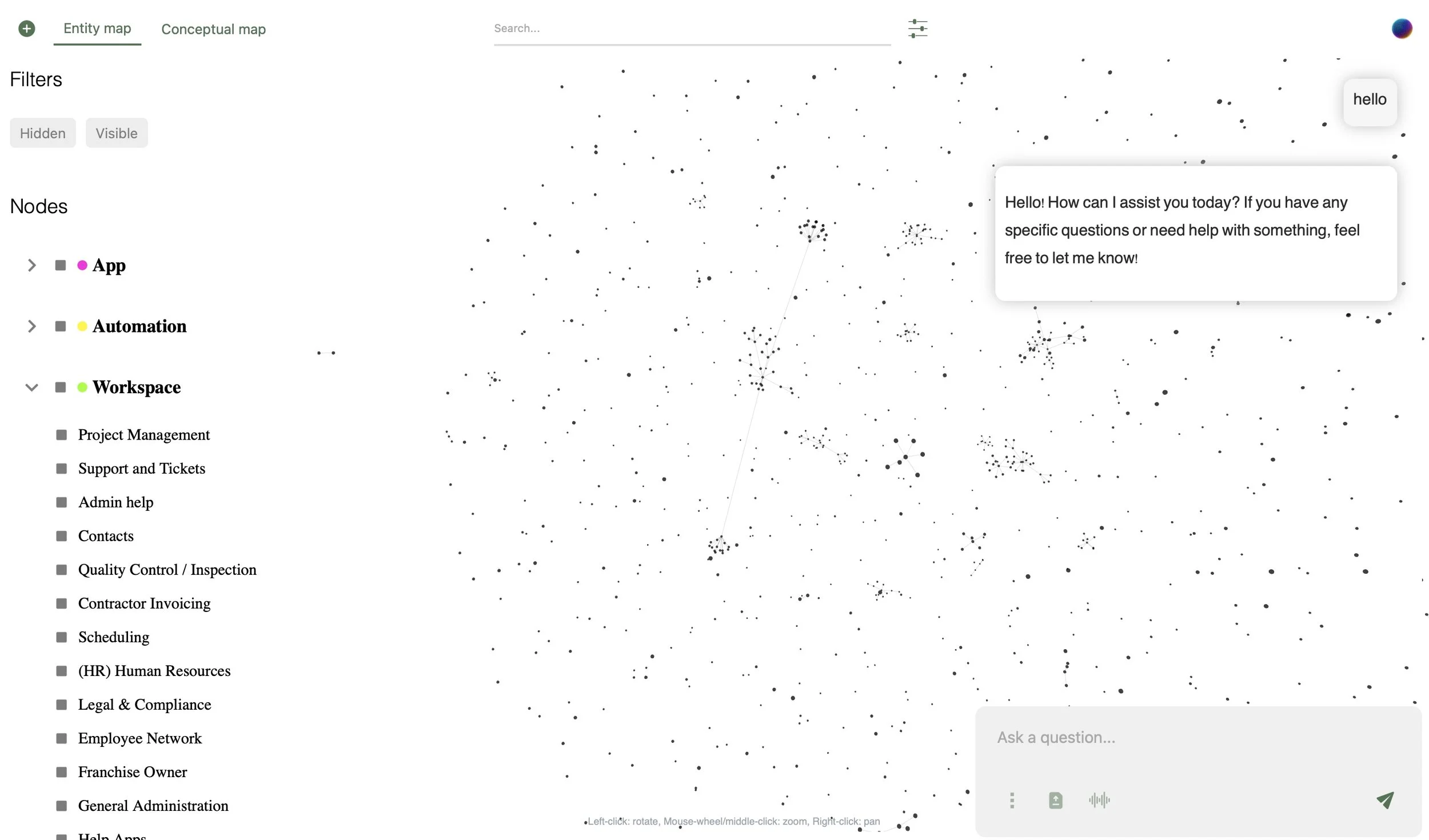 A digital interface displaying a scatter plot of interconnected nodes with labels such as 'App', 'Automation', and 'Workspace'. A sidebar on the left lists categories like 'Project Management', 'Support and Tickets', and 'Human Resources'. A welcome message with a chatbot prompt appears in a speech bubble.