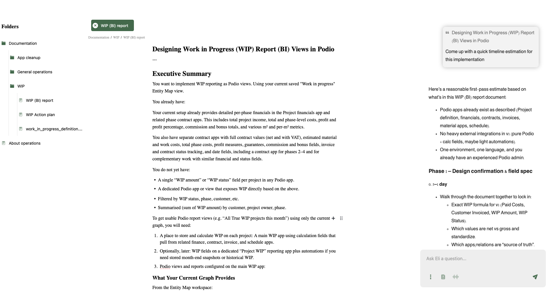 Screenshot of a detailed document titled 'Designing Work in Progress (WIP) Report (BI) Views in Podio' showing an executive summary, phases of design confirmation, and steps for generating Podio report views, with a sidebar of folders on the left and various notes and comments.