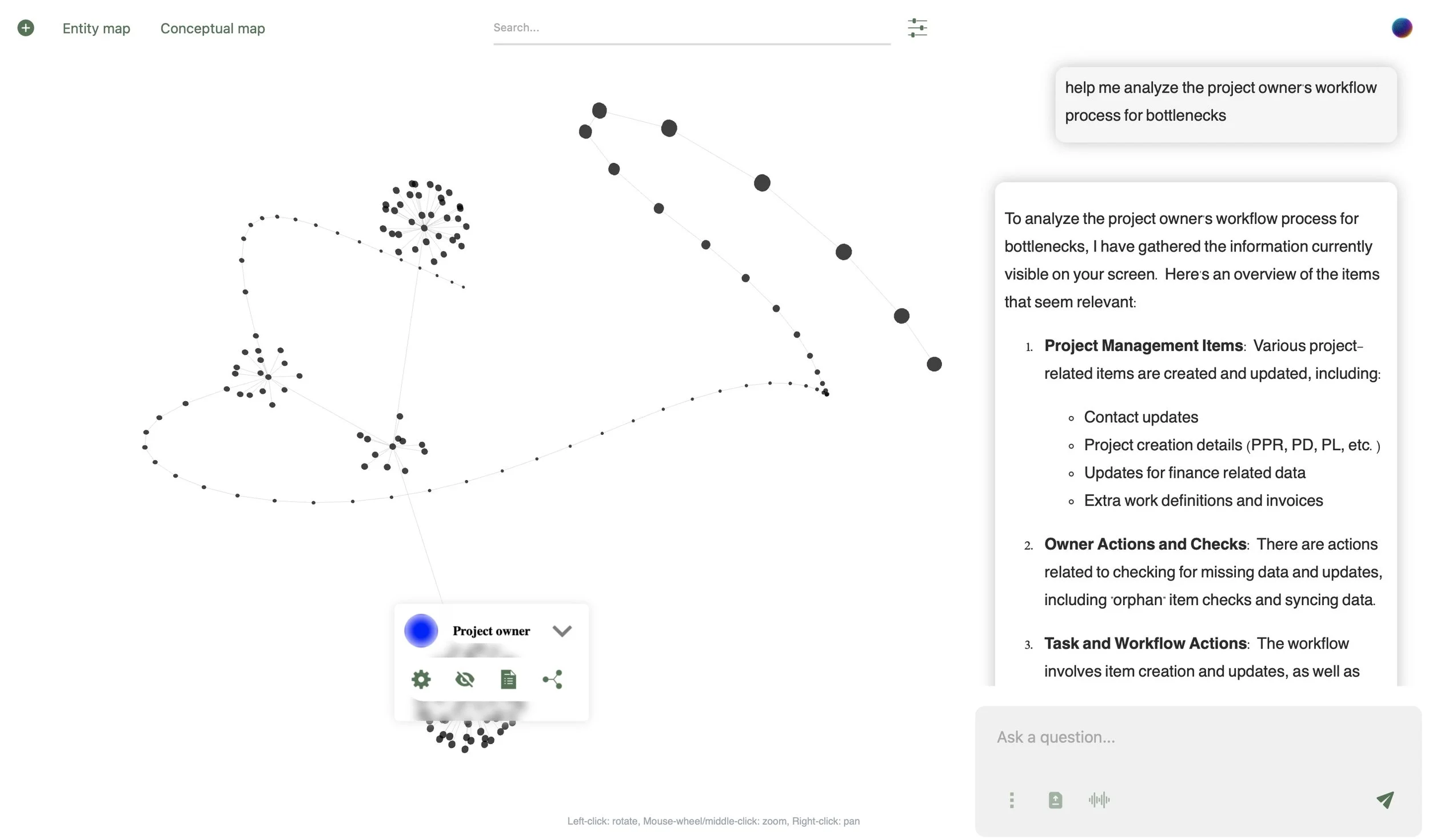 Screenshot of a digital mind map with multiple nodes and connections. On the right side, there is a detailed text explanation about analyzing project owner's workflow for bottlenecks, listing project management items, owner actions, and workflow actions. In the bottom left, a tooltip indicates the selected node is 'Project owner'.