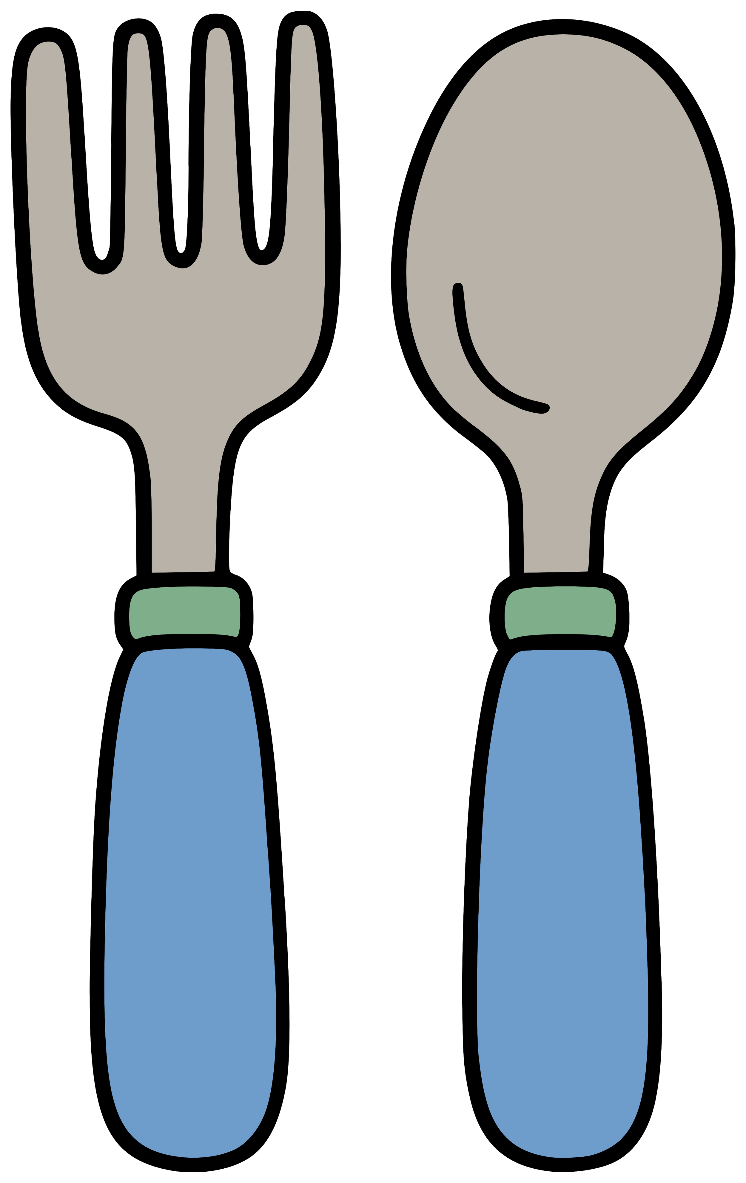 Illustration of a spoon and a fork with blue handles, set against a black background.