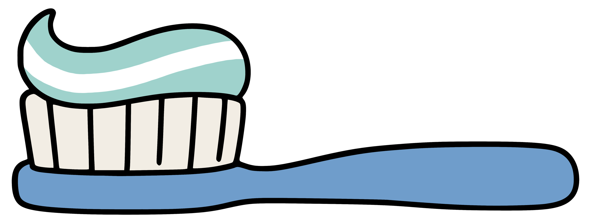 A toothbrush with a blue handle and white and light blue bristles on a black background.