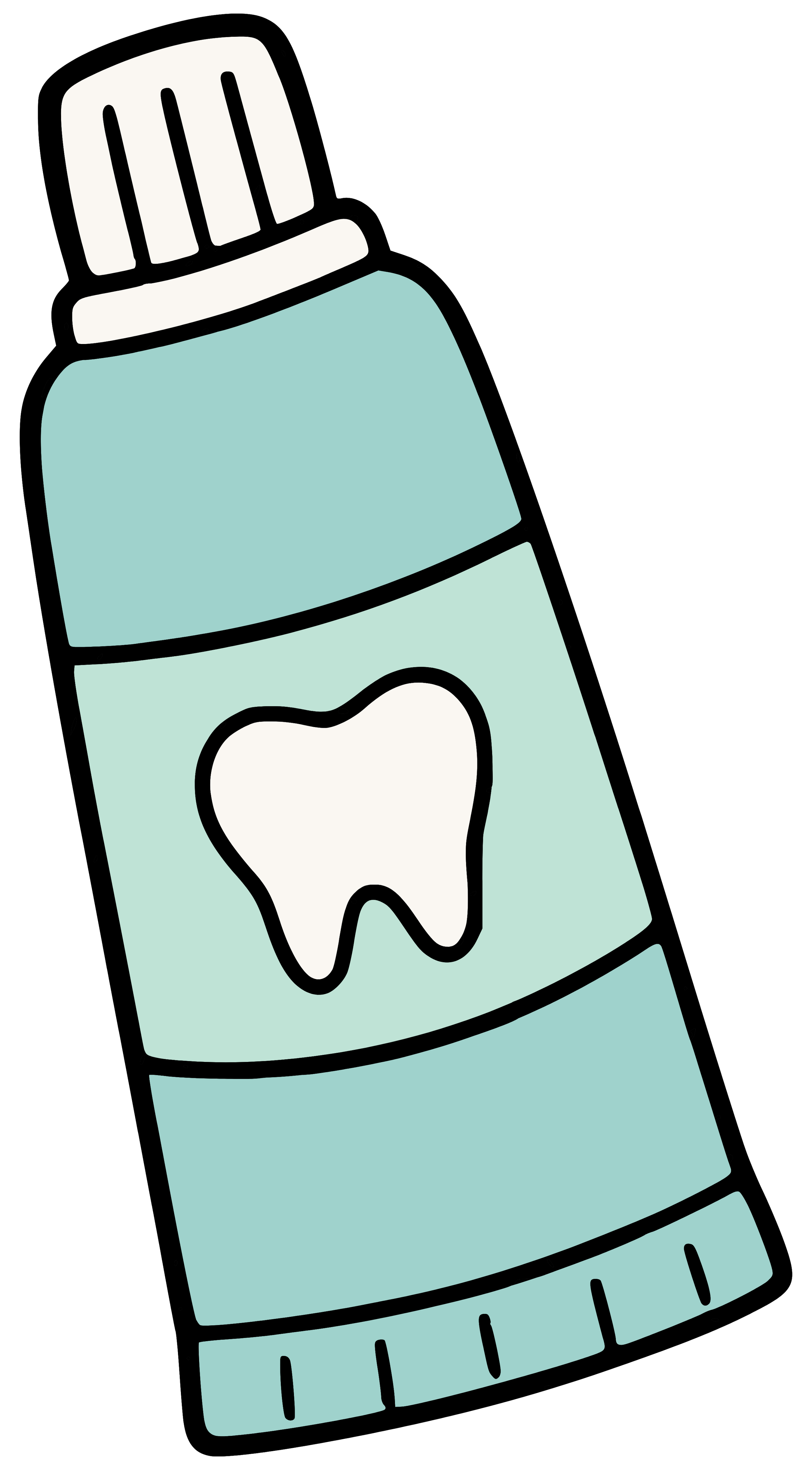 Illustration of a toothpaste tube with a tooth symbol on it, depicted in a minimalist style with pastel colors and black outlines.