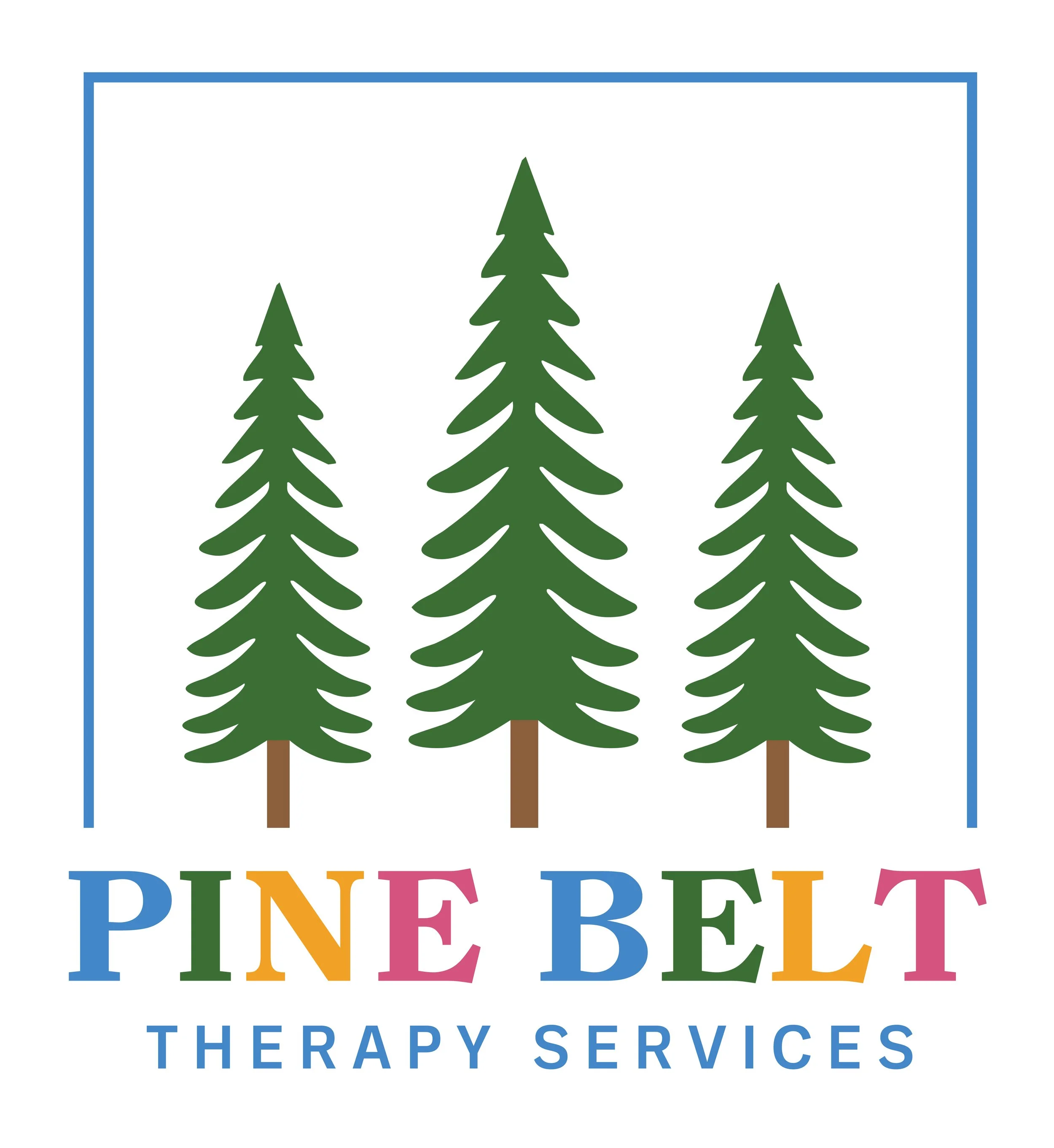Colorful logo with green pine trees above the words 'Pine Belle' in multicolored letters and the phrase 'The Therapy Services' in blue below.