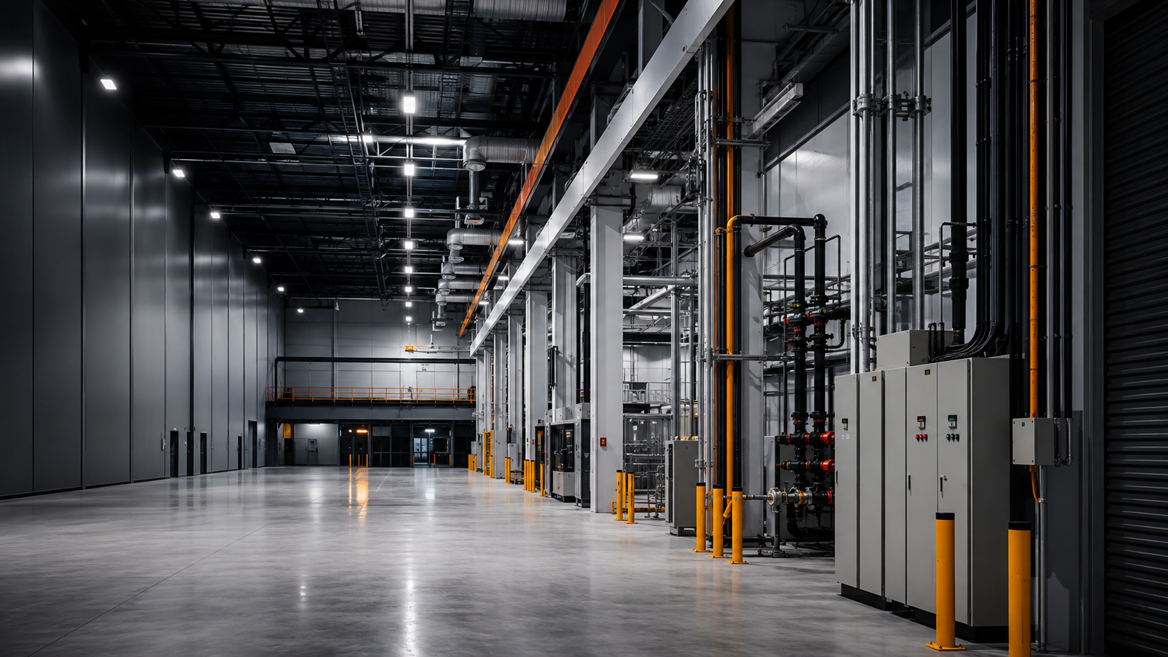 Instalación industrial moderna con iluminación LED, sistemas eléctricos e hidráulicos de EMME Soluciones Industriales