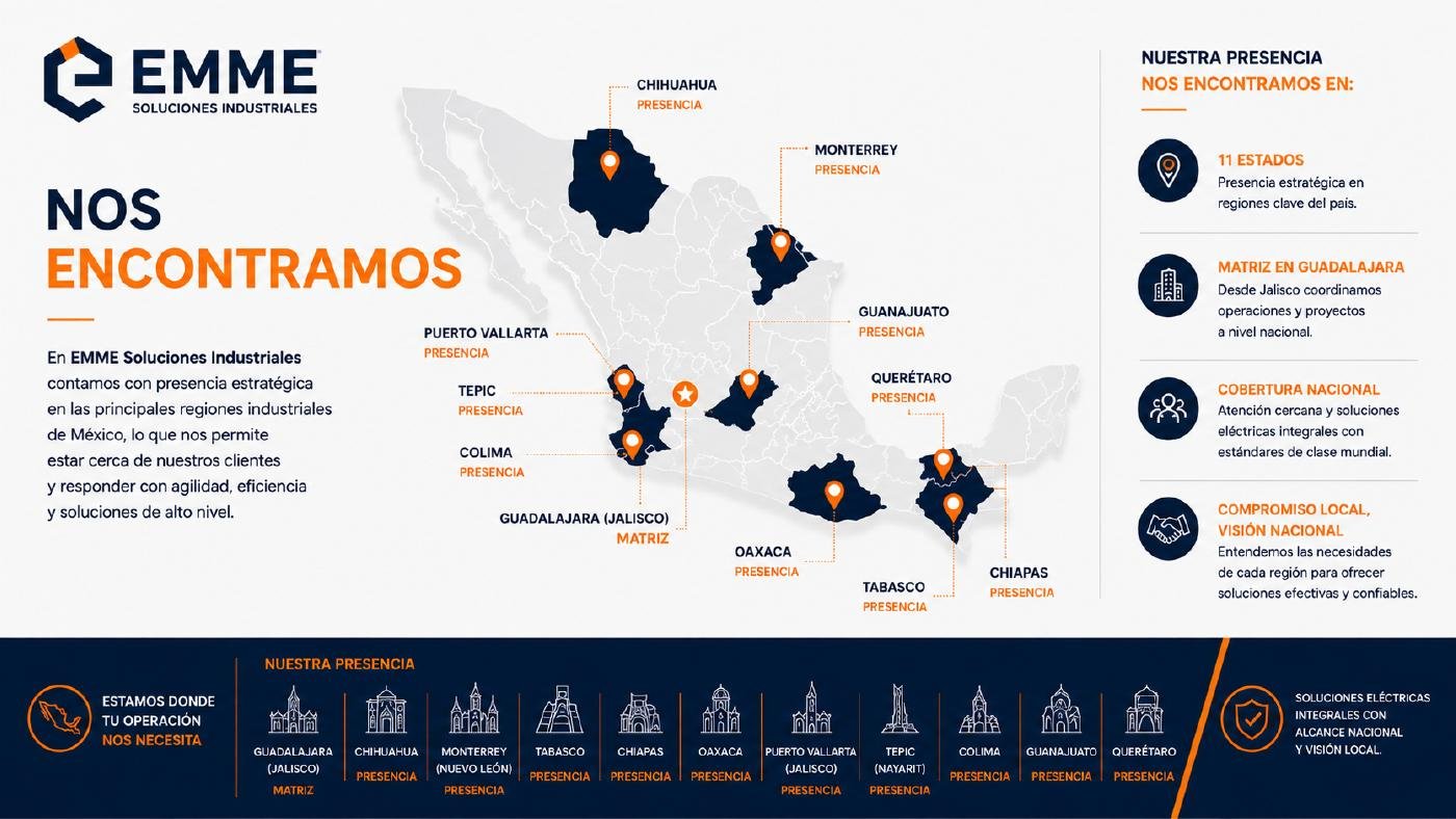 Mapa de cobertura de EMME Soluciones Industriales con matriz en Guadalajara y presencia en once estados de México