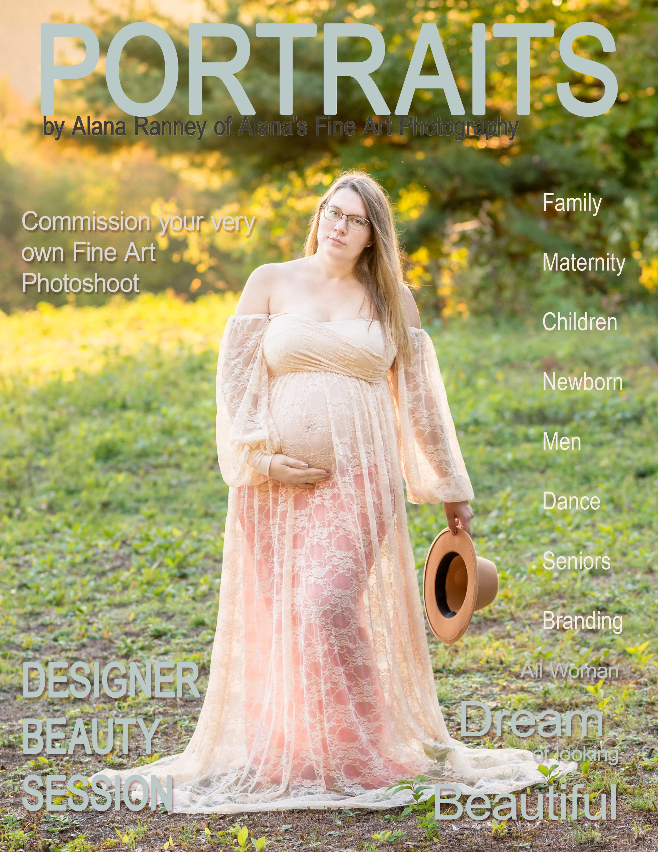 Magazine cover featuring a pregnant woman in a light pink lace dress holding a straw hat, standing outdoors on green grass with trees in the background during sunset.