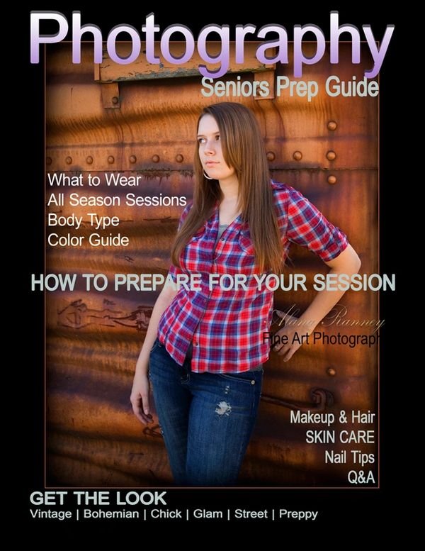 Promotional image for a photography seniors prep guide featuring a young woman in a red plaid shirt. Text includes tips on preparing for sessions, fashion advice, and makeup and hair guidance. Senior photography by Alana Ranney Maine fine art photog