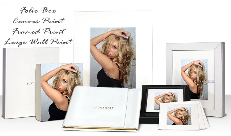 Various photo display options including folio box, canvas print, framed print, and large wall print of a woman with blonde hair in a black top, with handwritten labels above.