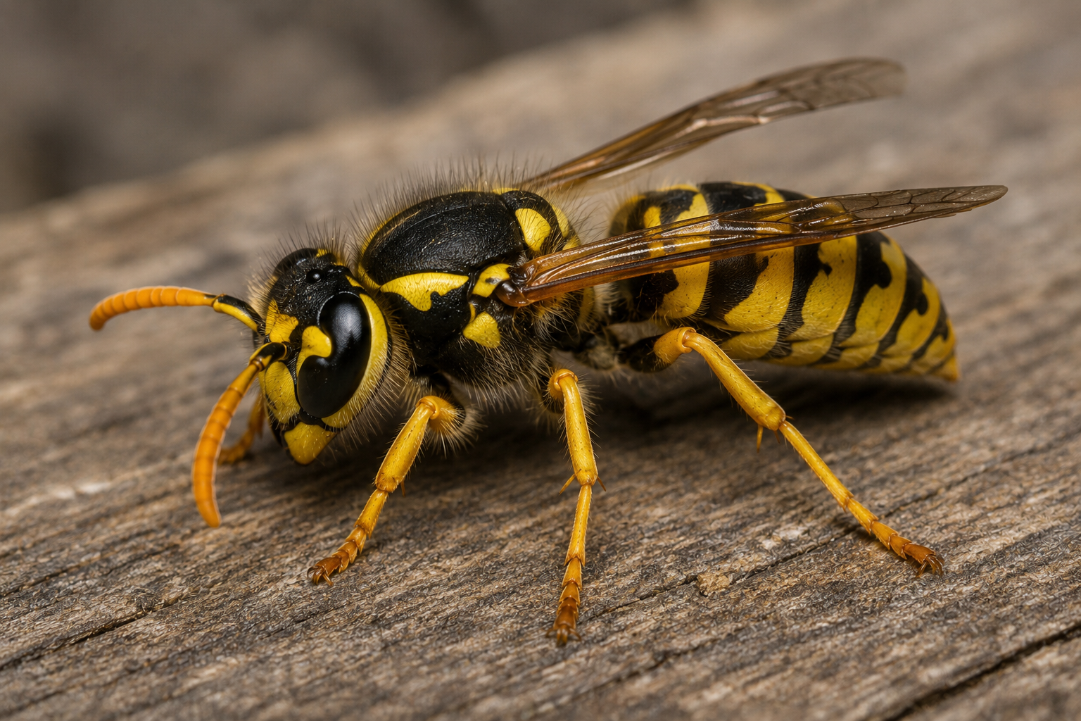 Close-up of a wasp with yellow and black markings on a wooden surface.