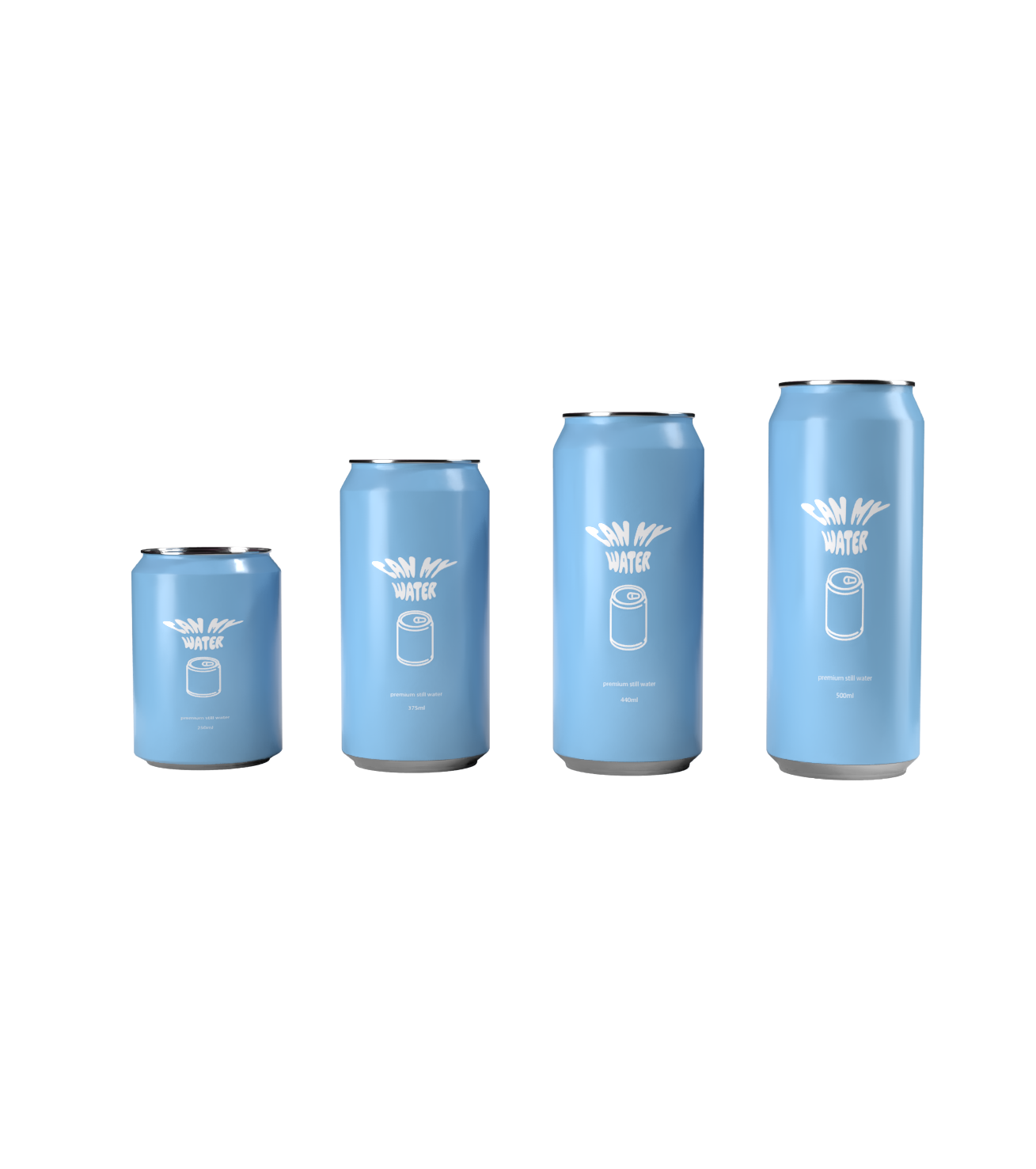 Four blue cans of water arranged in increasing size from left to right, labeled with a hand-drawn water bottle graphic and text that reads "CAN ME WATER".
