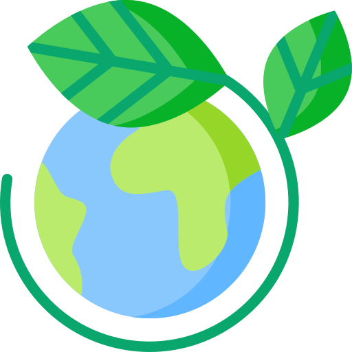 Illustration of the Earth with two green leaves growing from it, symbolizing environmental conservation and sustainability.
