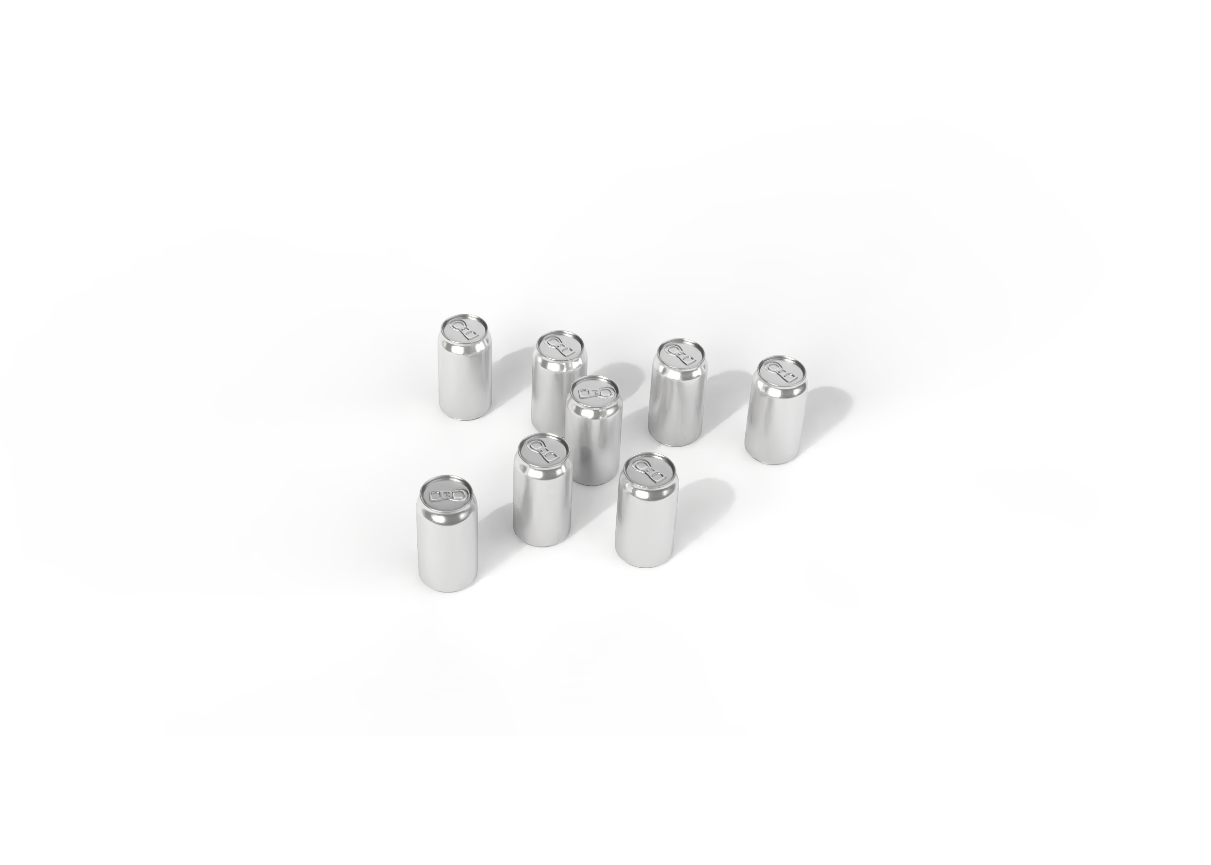 Black and white image of eight cylindrical cans arranged on an abstract, layered background.