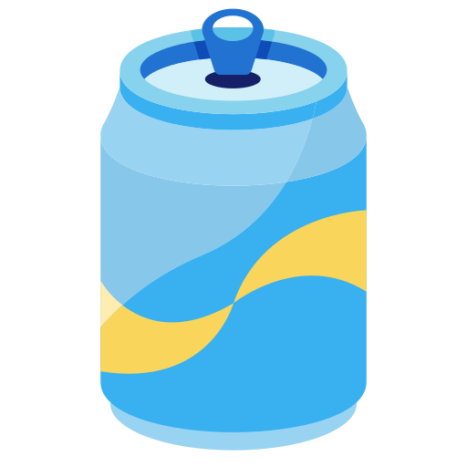 Illustration of a soda can with a blue, yellow, and white design.