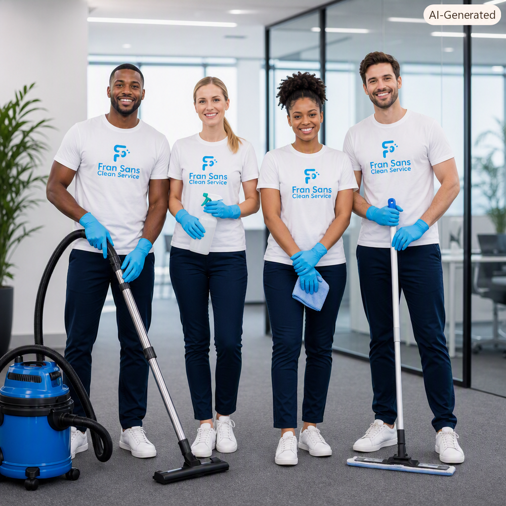 Fran Sans Clean professional cleaning team — Black woman, white woman, Black man, and white man — smiling in full‑body uniforms with logo T‑shirts and cleaning gloves, standing together in a bright commercial space.”