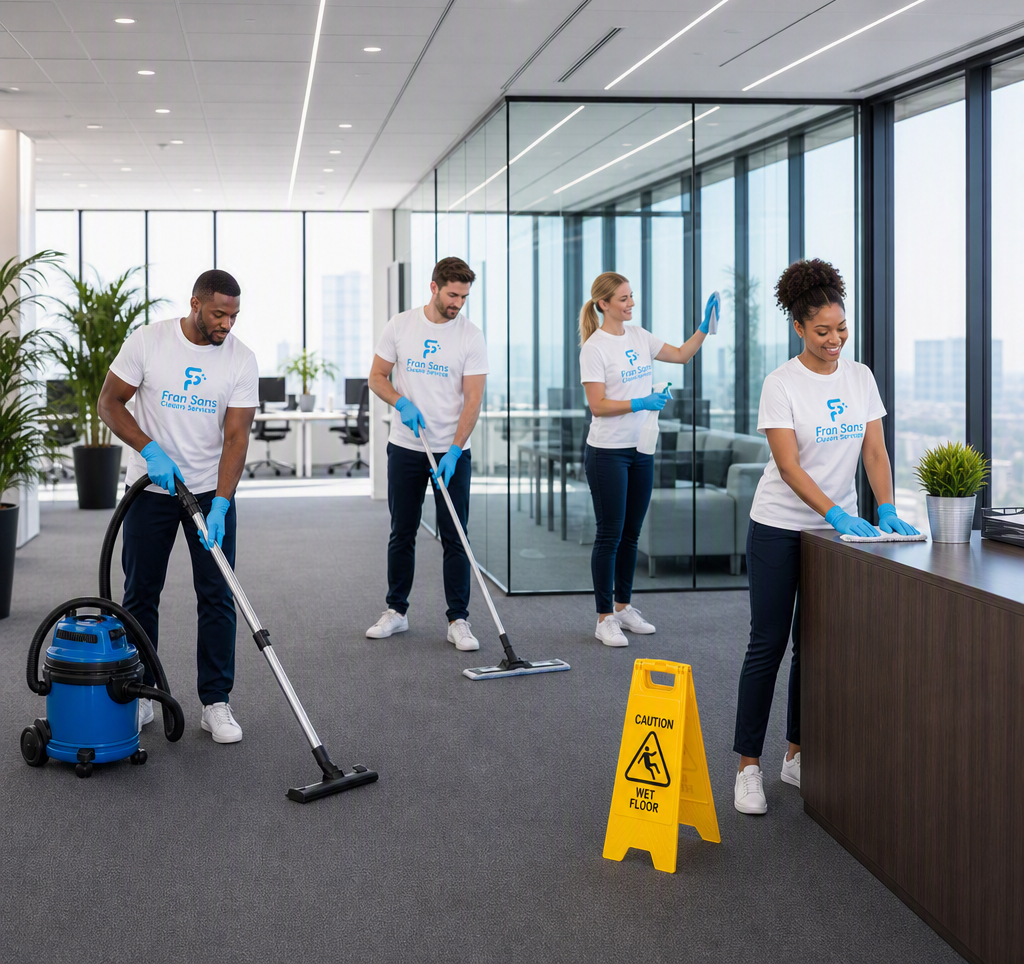 Four janitors cleaning an office office with large windows, plants, and modern furniture, wearing white t-shirts with a company logo, blue gloves, and cleaning with vacuums, mops, and cloths. A wet floor caution sign is placed near the desk.