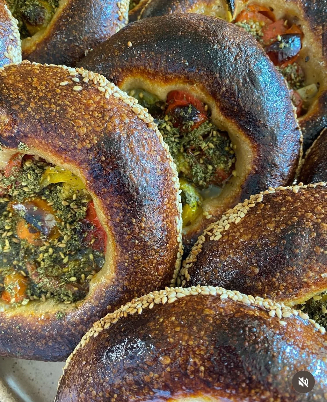 Fresh baked bialy with za'atar seasoning
