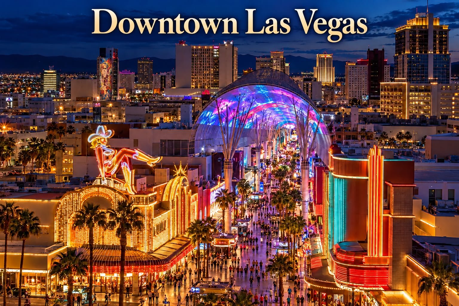 Aerial night view of downtown Las Vegas featuring the illuminated Fremont Street Experience, neon casino signs, and the Viva Vision canopy.