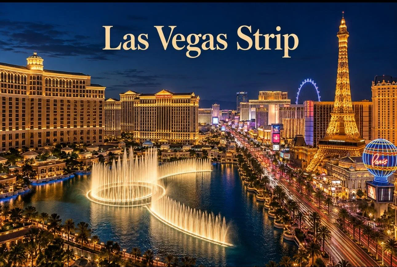 Las Vegas Strip at night with Bellagio fountains, Paris Eiffel Tower replica, casinos, and High Roller observation wheel