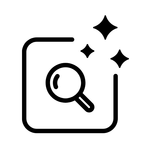 Magnifying glass icon with sparkles, representing search or discovery.