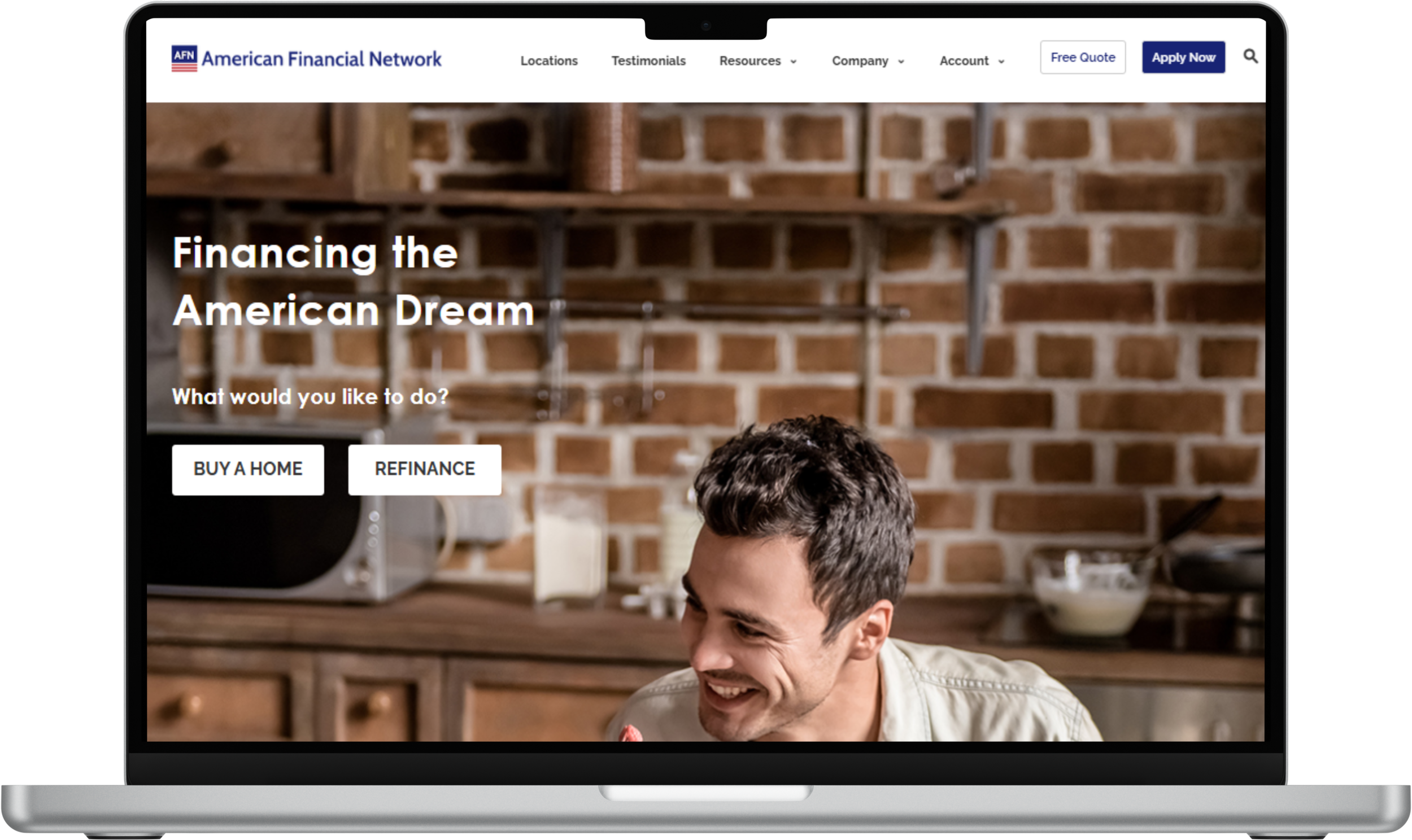 Screenshot of American Financial Network website homepage featuring a smiling man in a home kitchen setting, with options to buy a home or refinance.