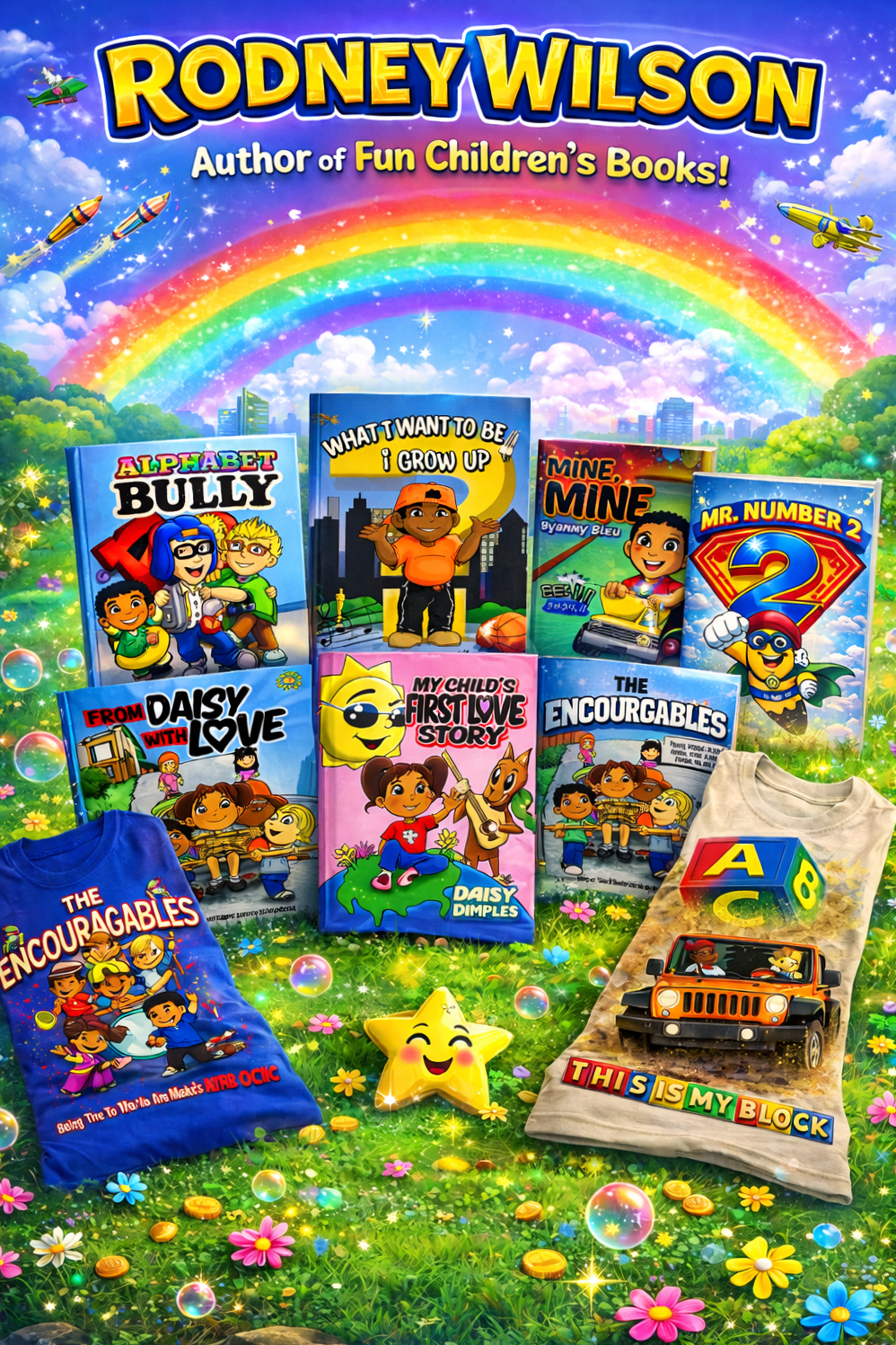 Display of children's books featuring colorful covers with cartoon characters, a T-shirt with a toy block design, and a toy car on grass with flowers, a rainbow, clouds, and a blue sky in the background.