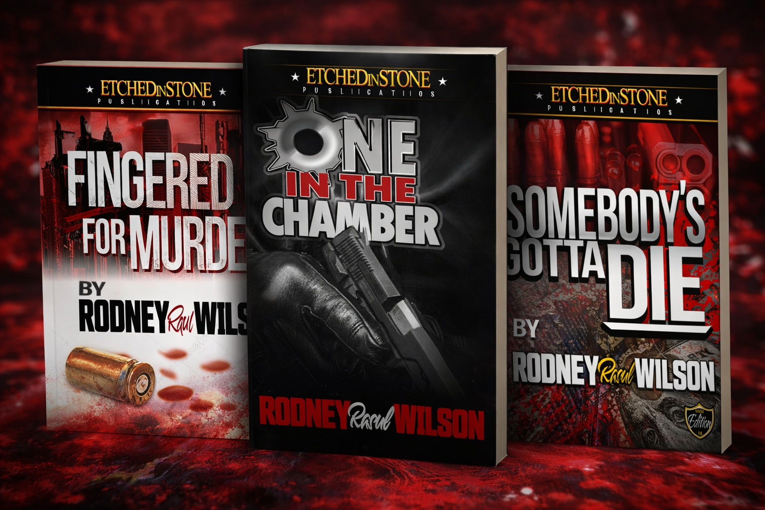 Three books with dark and red themed covers are displayed, featuring titles indicating crime or violence, authored by Rodney Raul Wilson.