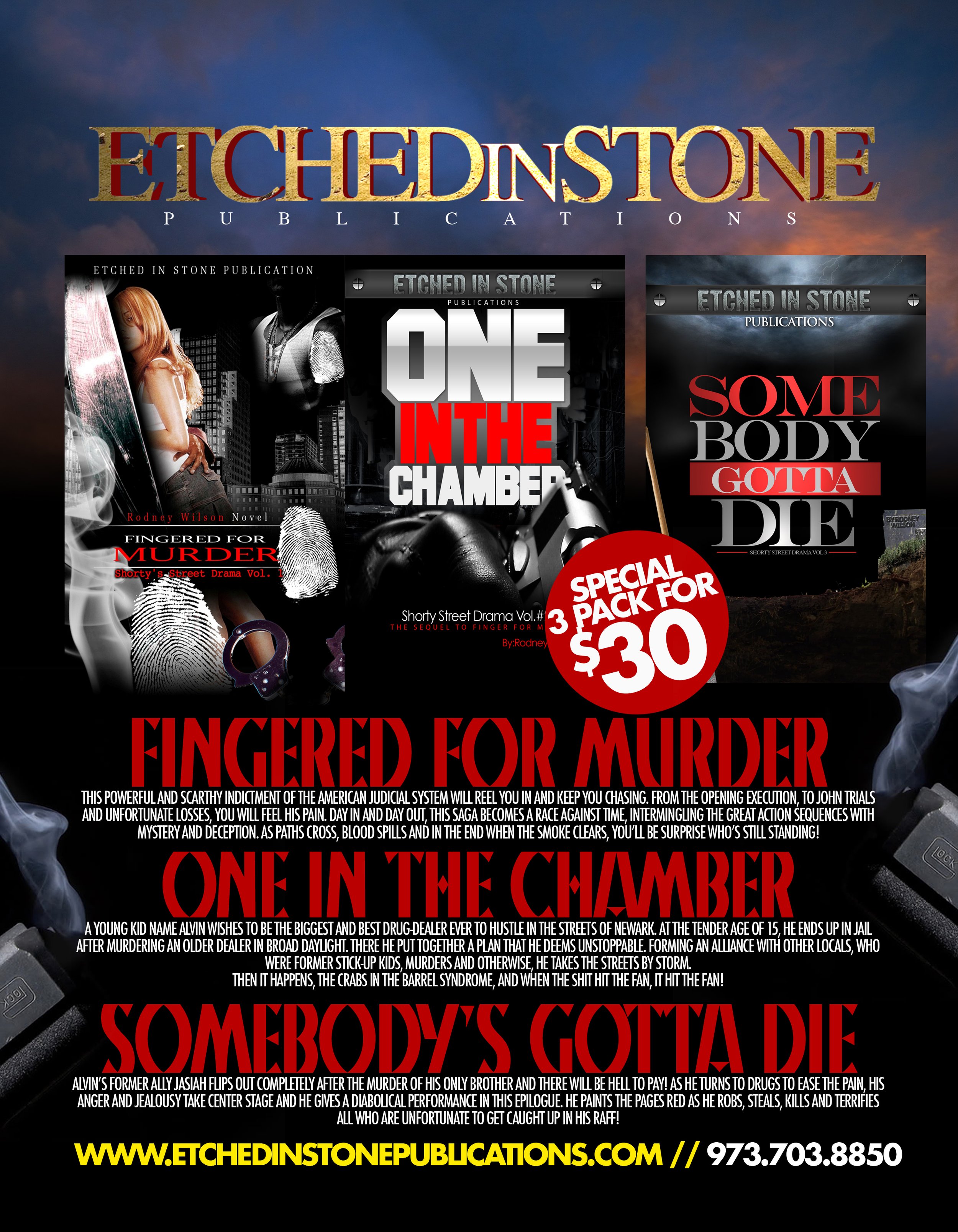 Book cover advertisement for 'Etched in Stone Publications' featuring three book titles: 'Fingered for Murder,' 'One in the Chamber,' and 'Somebody's Gotta Die,' with bold red and black text and a promotional offer of three books for $30.