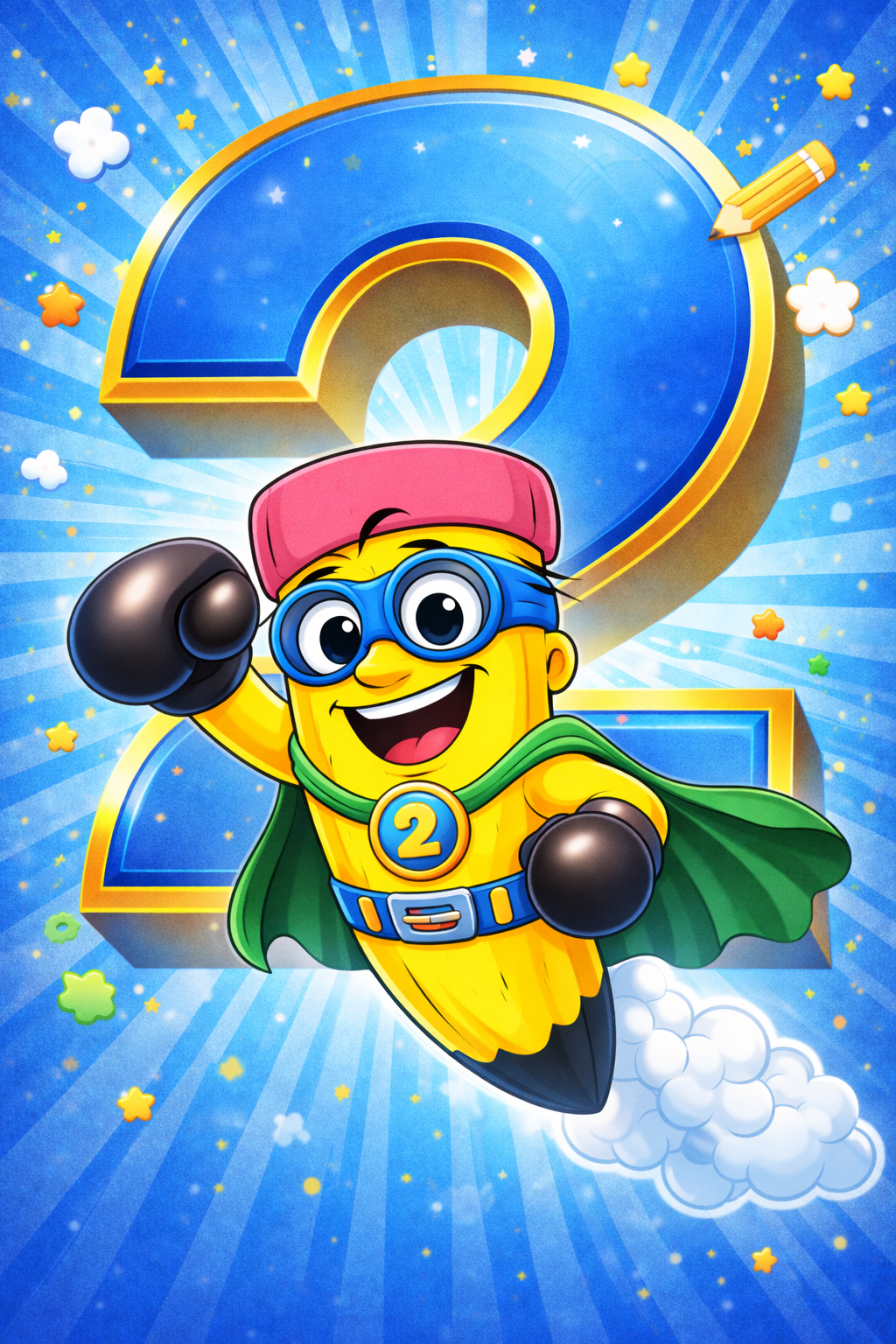 Cartoon character of a yellow fish wearing glasses, a pink cap, a green cape, and a belt with the number 2, flying with a rocket engine and a cloud of smoke behind him, in front of a large blue and yellow question mark with a background of stars, clouds, and a blue radial burst pattern.