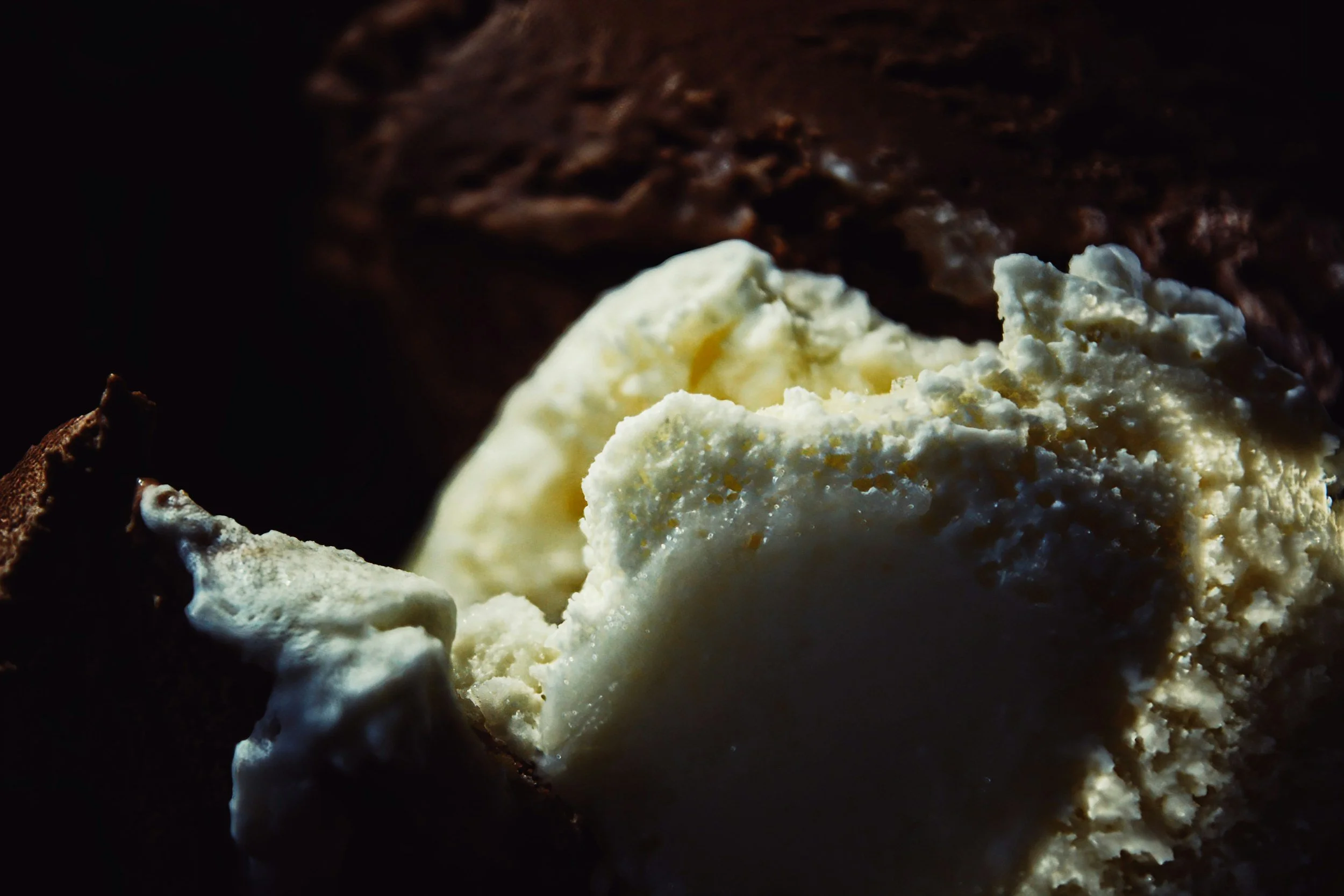 Close-up of a scoop of vanilla ice cream with dark chocolate cookies in the background.