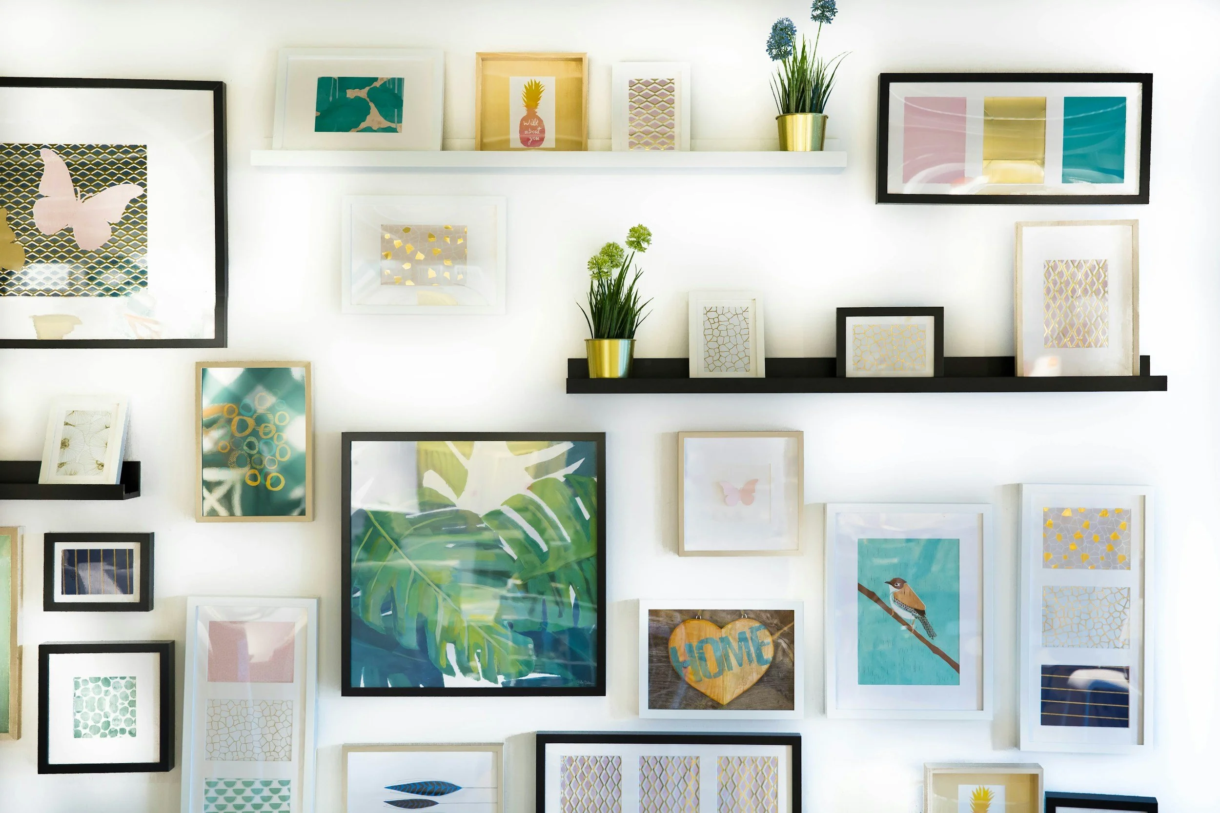 A wall decorated with various framed artwork and photographs, including plants and decorative items, arranged in a gallery style.