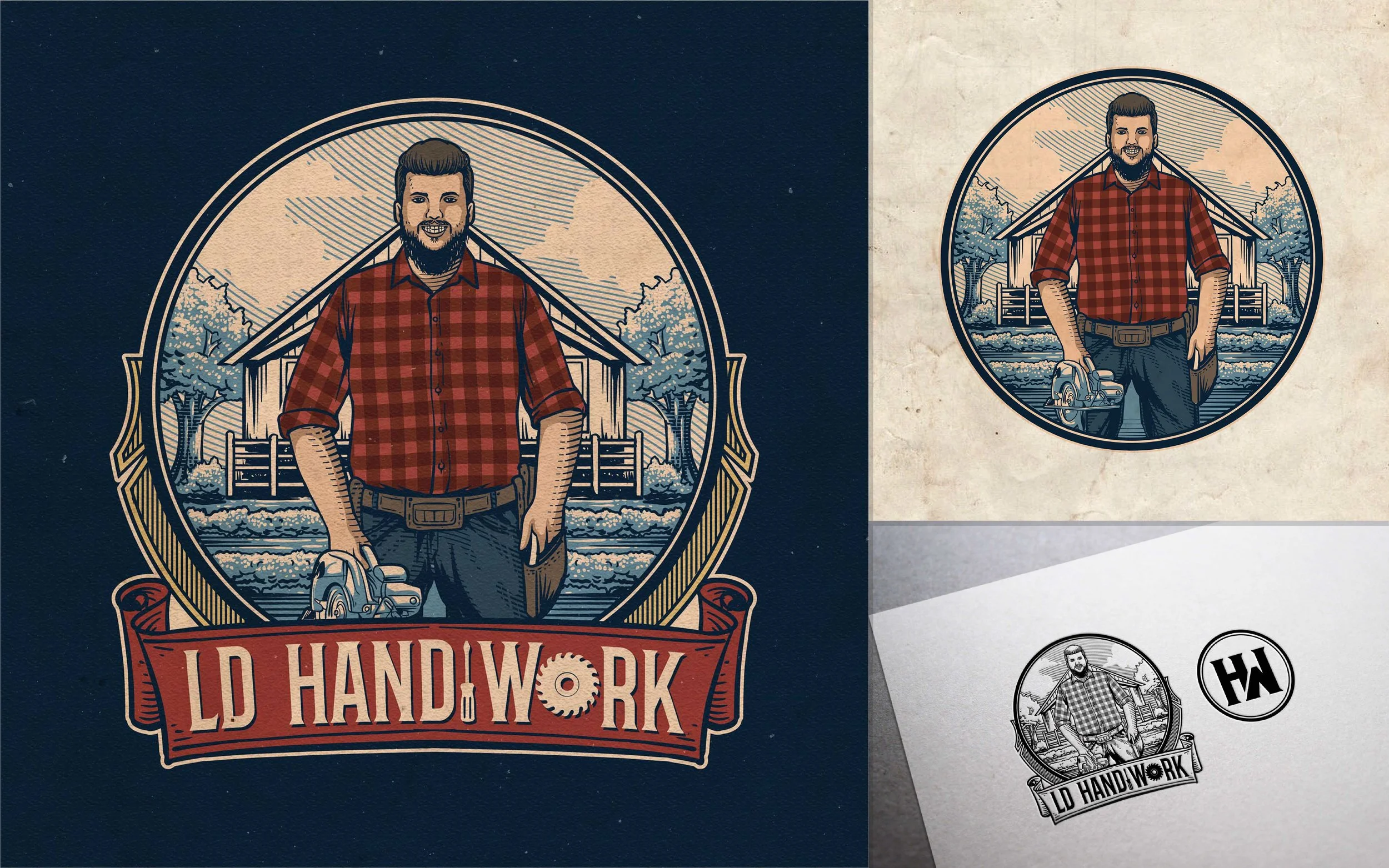 Logo featuring a smiling man with a beard, in a red plaid shirt, holding a power saw, standing in front of a barn with trees, framed with a circular border and a red banner below that reads 'LD Handiwork'.