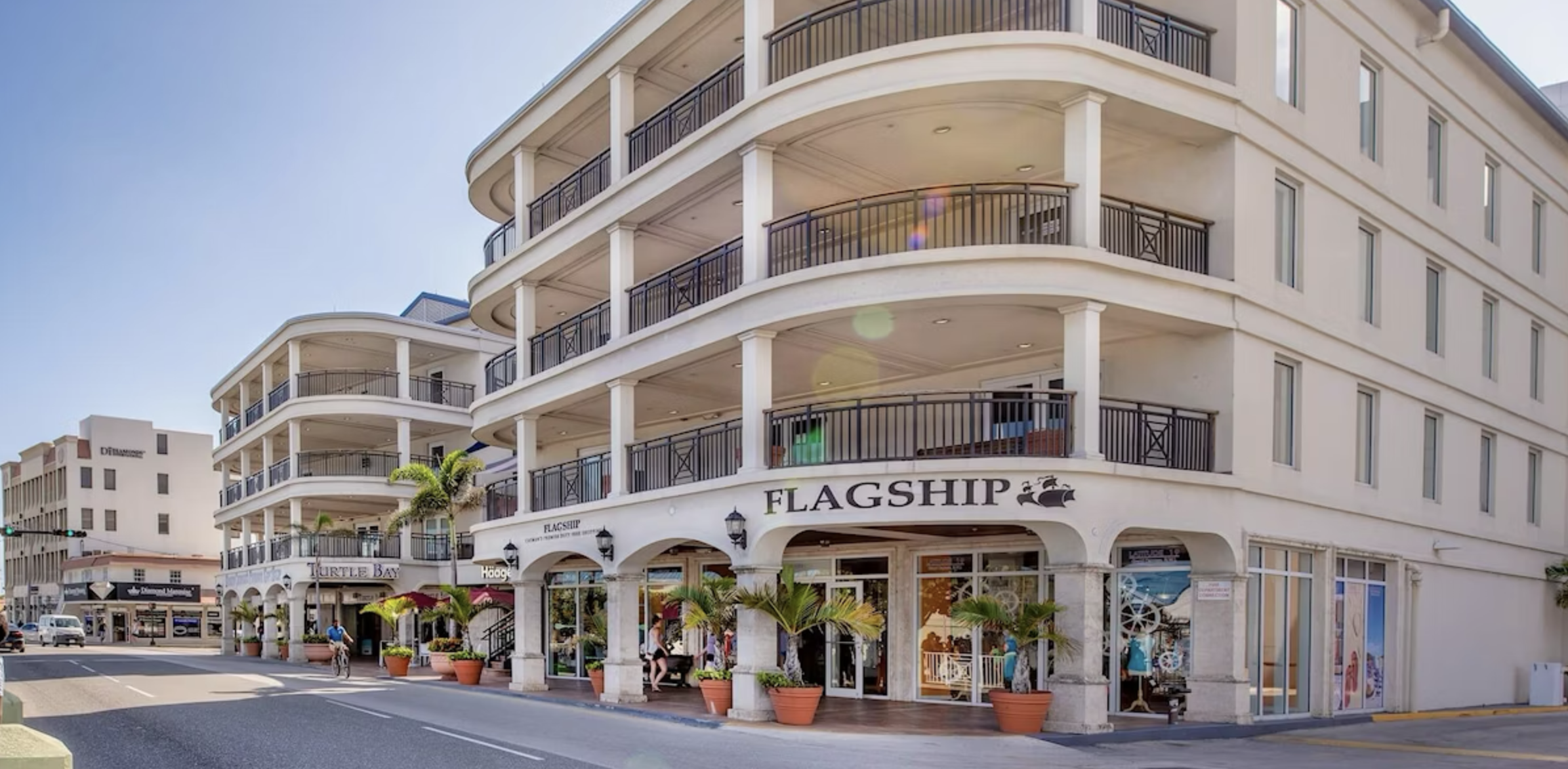 downtown shot of the shopping district in the Cayman Islands