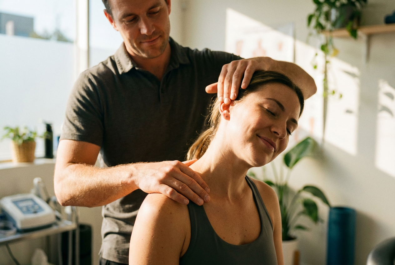 Physiotherapist performing a manual neck and shoulder assessment to treat winter stiffness at Phoenix Rehab in Burnaby