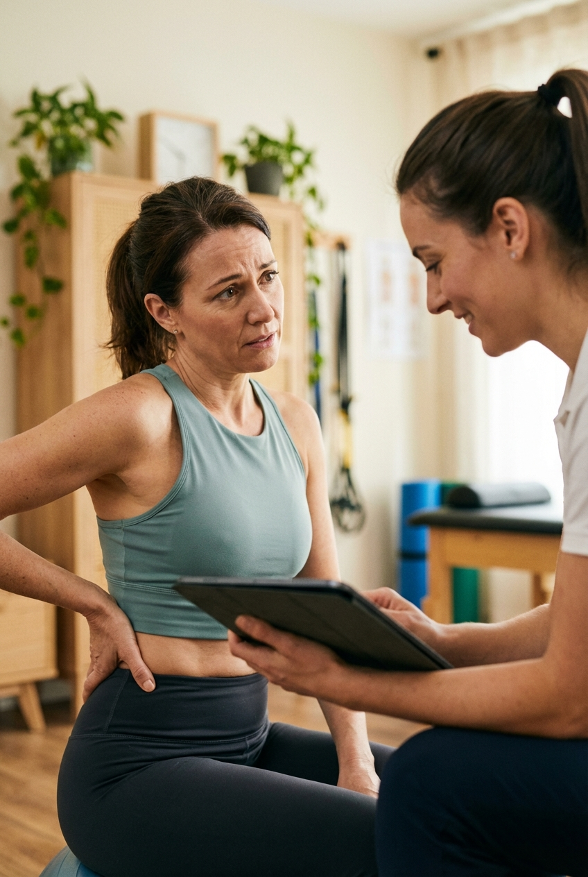 A professional physiotherapist conducting a compassionate consultation with a female patient in activewear at Phoenix Rehab in Burnaby. The therapist is using a tablet to review a treatment plan for back pain recovery.