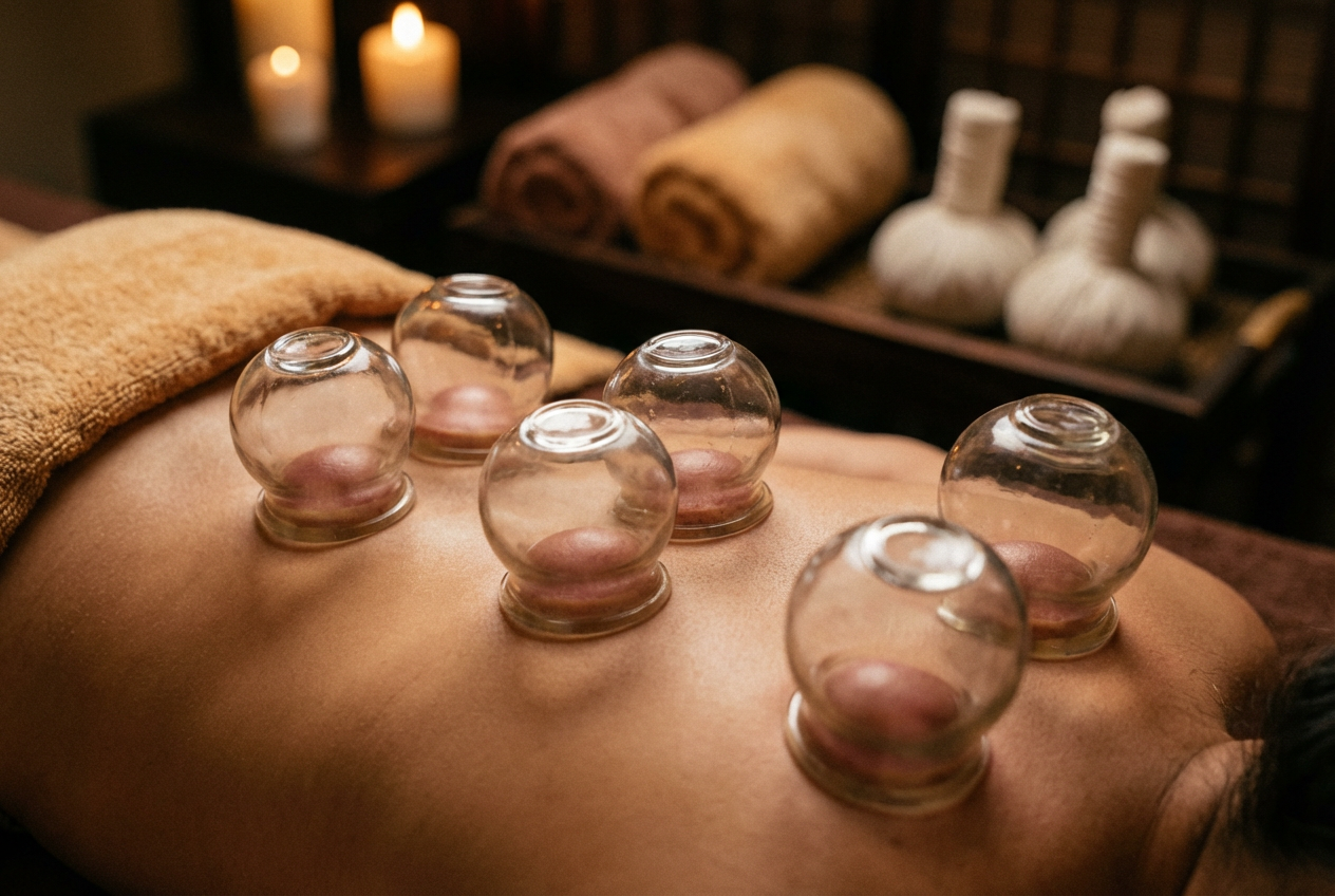 Close-up of a relaxing Traditional Chinese Medicine acupuncture treatment for pain relief and recovery