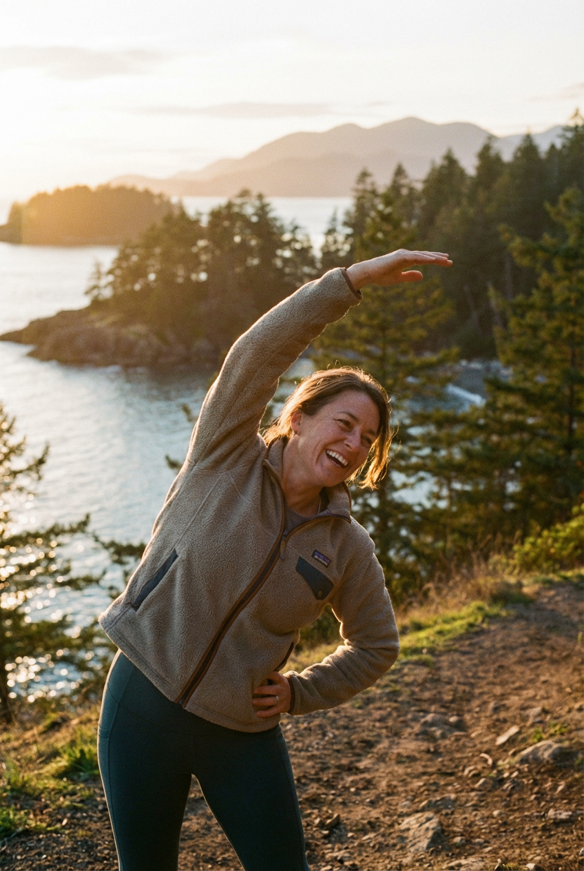 A healthy woman in her 40s laughing and stretching on a sunny coastal trail near Vancouver, representing the joy of active recovery and pain-free movement at Phoenix Rehab.