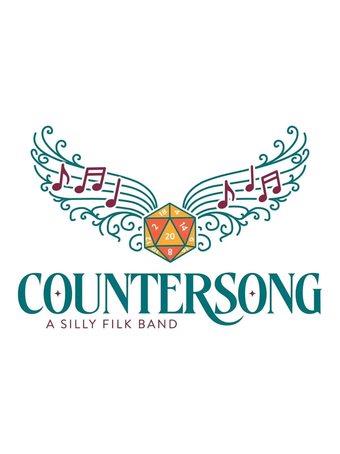 Logo for a band called Countersong, featuring a multicolored twenty-sided die with musical notes and decorative swirls, and text reading 'A Silly Filk Band.'