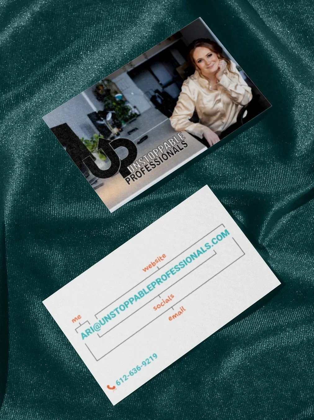 A business card with a photo of a woman and the text 'Unstoppable Professionals.'